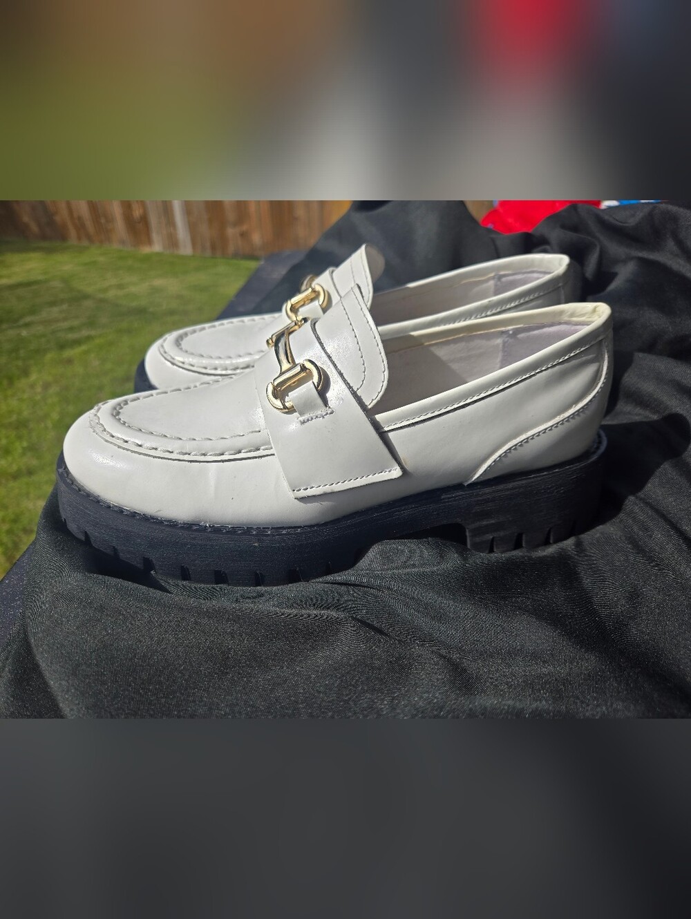 Steve Madden White Leather Chunky Lug Loafers with Gold Bit - Picture 5 of 5